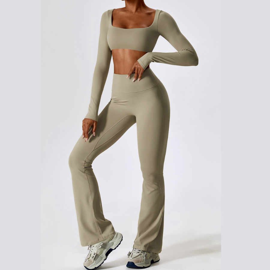 Long Sleeve Scrunch Flared Legging Set - Cream Grey