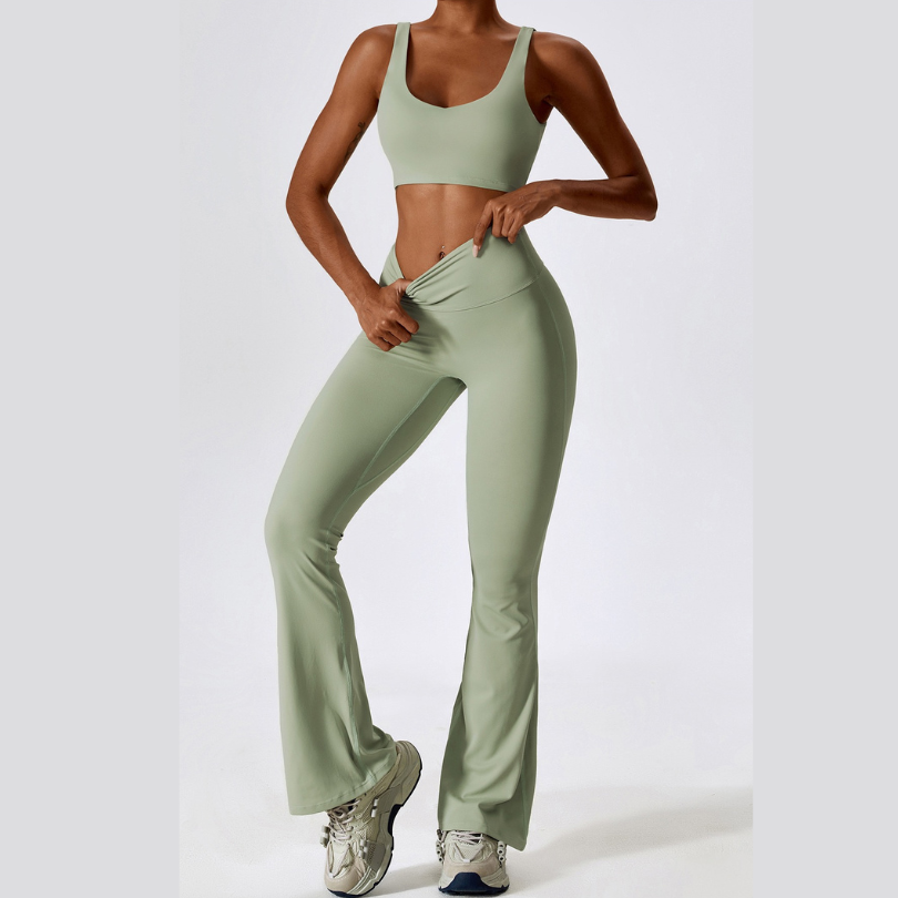 Deep V Flared Legging Set - Mint Green