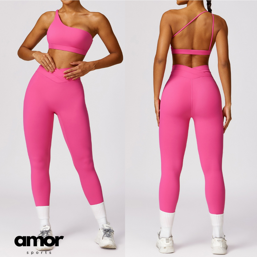 Single Shoulder Stylish Design Legging Set - Pink