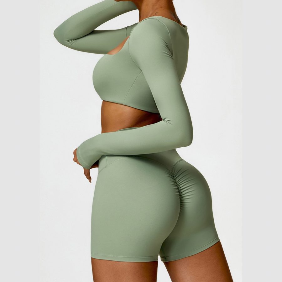 Stylish Long-Sleeve Top Scrunched Short Set - Green