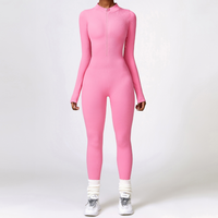 Zipped Long-sleeve Knit Jumpsuit - Pink