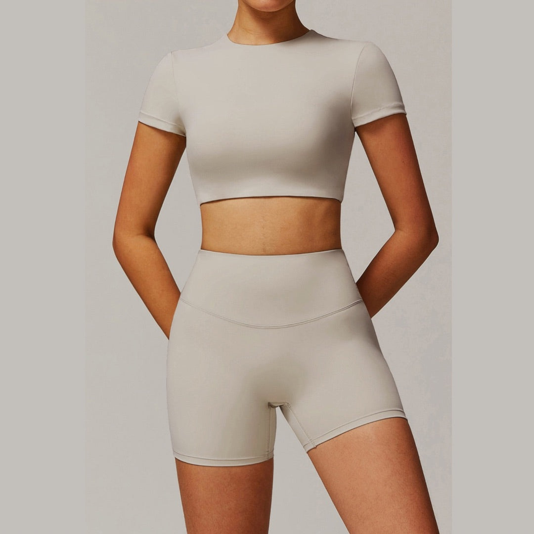 EVA Premium Short Sleeve Top Short Set - Beige