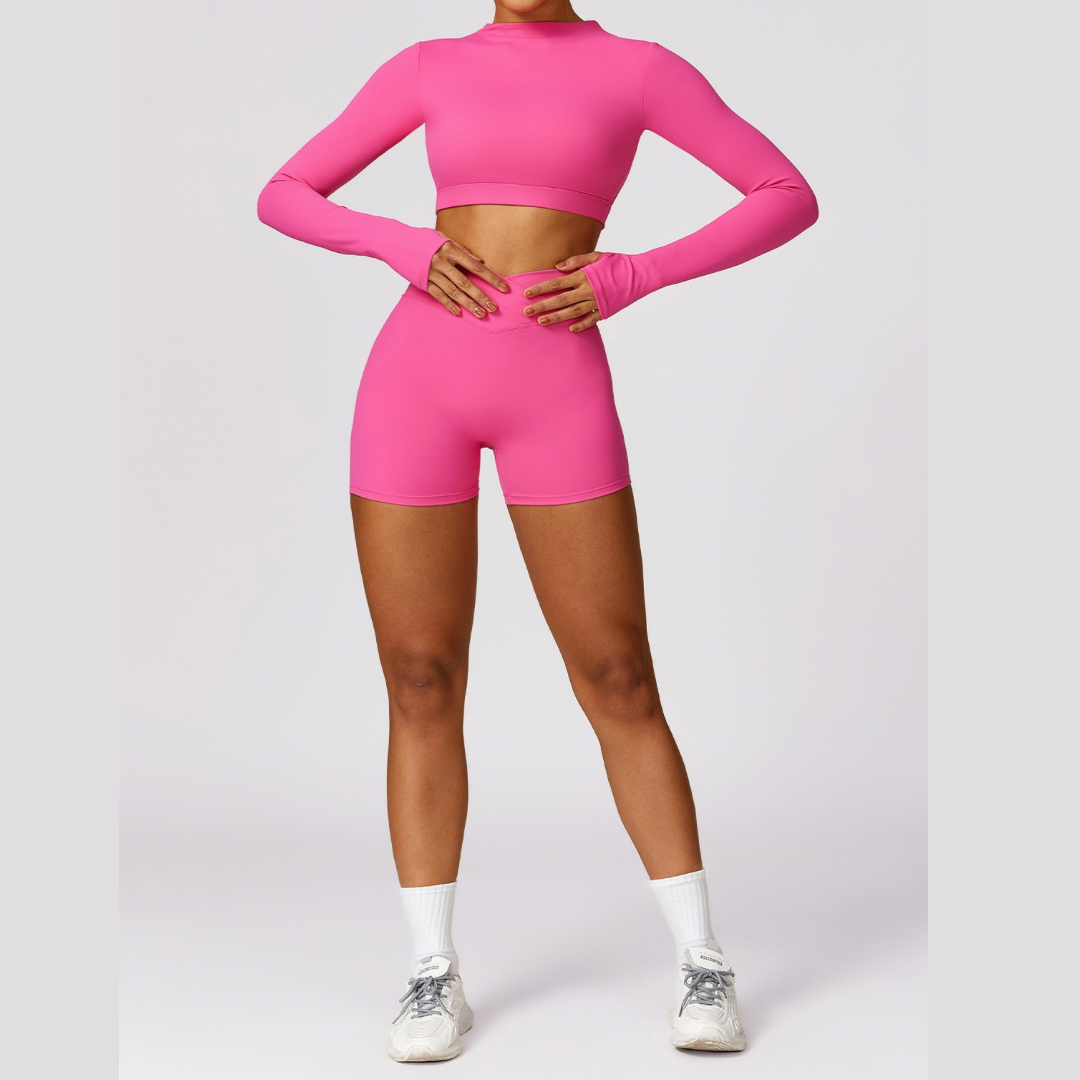 Elegant Long Sleeve Premium Short Set - Pink