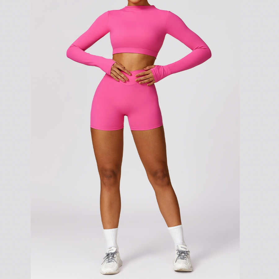 Elegant Long Sleeve Premium Short Set - Pink