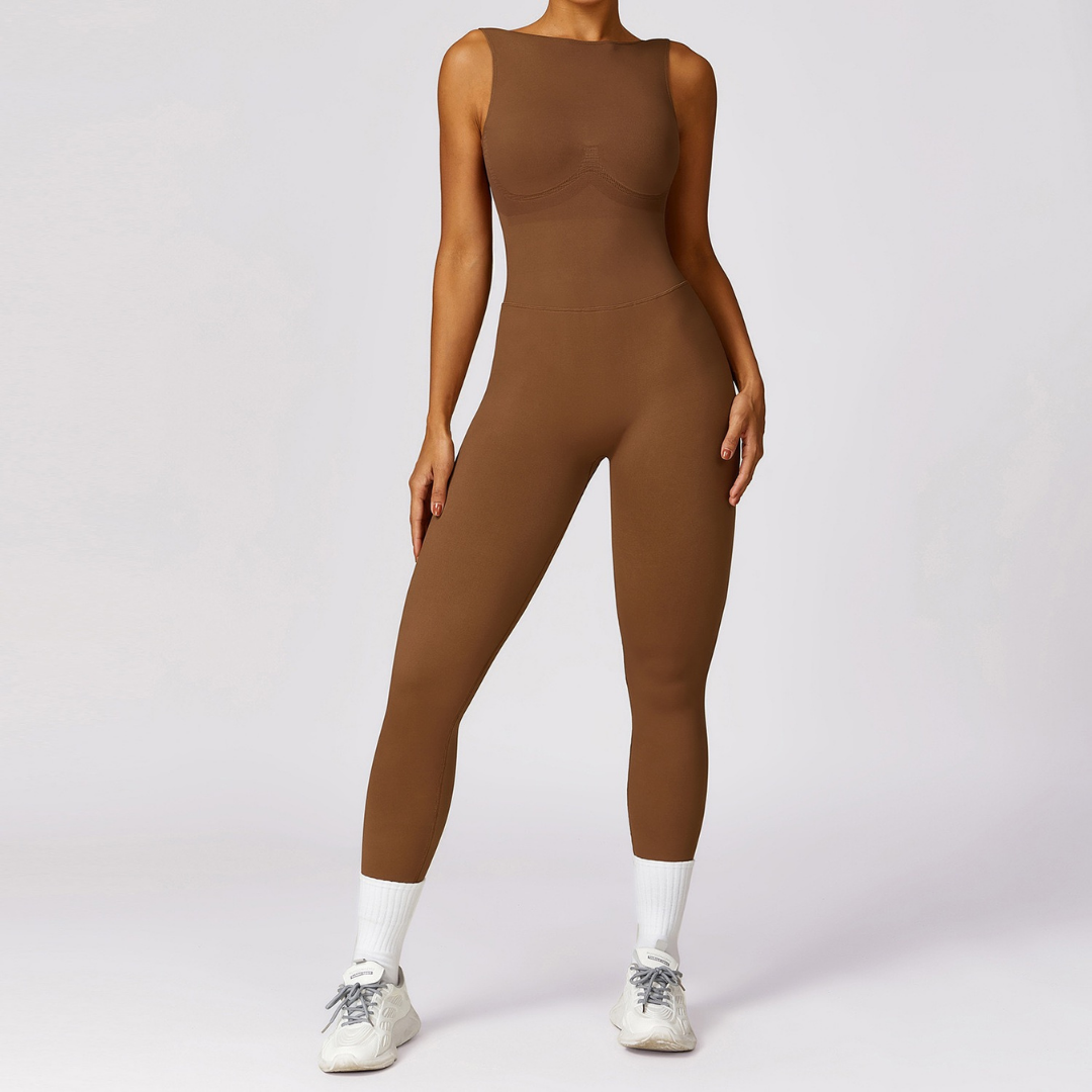 Seamless Deep-V Jumpsuit - Coffee