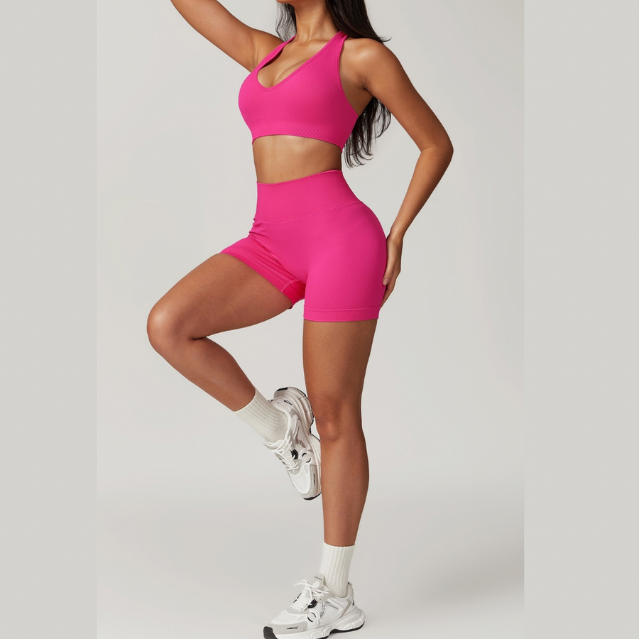 V-Neck Stylish Scrunched Short Set - Magenta