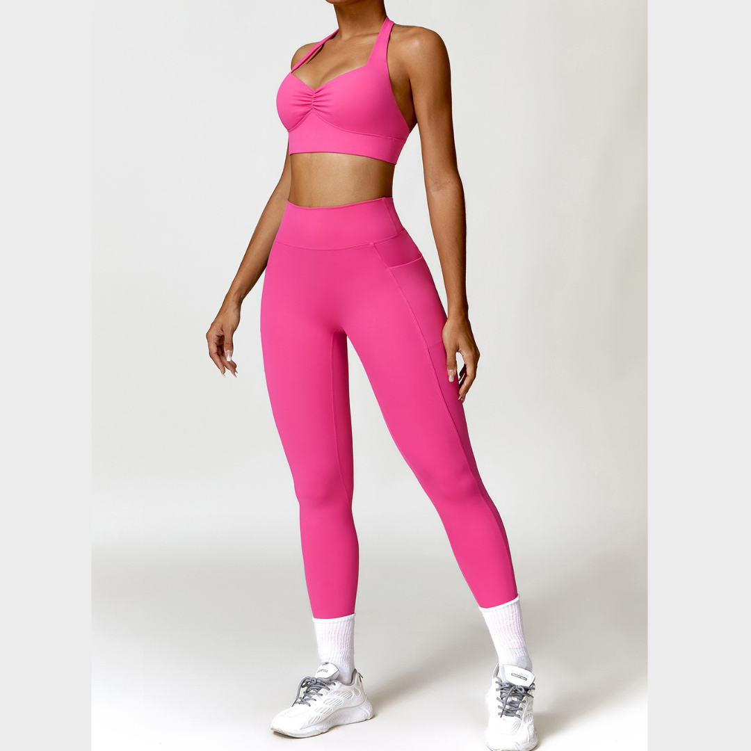 Backless Stylish Top V-Shape Legging Set - Pink