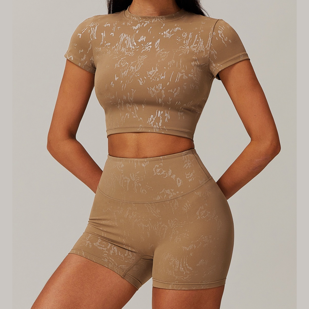 Elysian Glow Short Sleeve Short Set - Brown