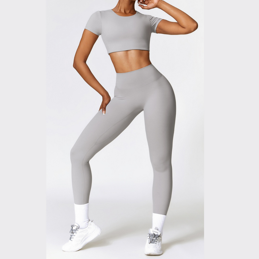 Comfy Short Sleeve Crop Top Legging Set - Grey