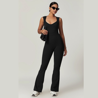 CATHY V-Shape Top Flared Bottom Jumpsuit - Black