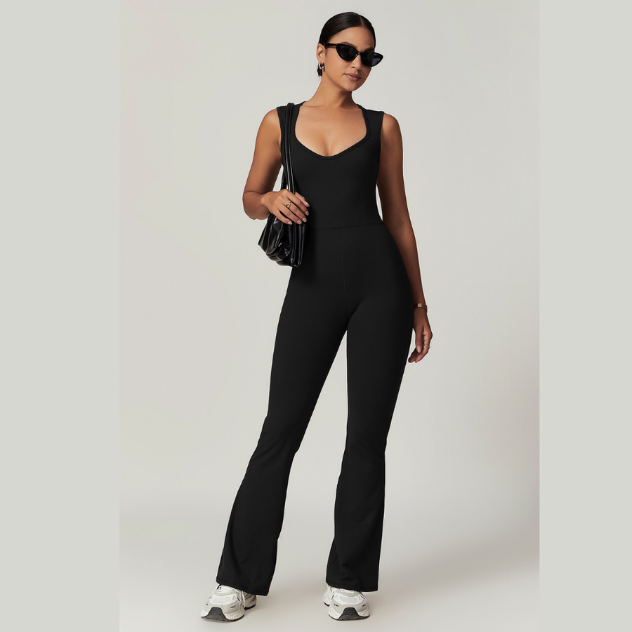 CATHY V-Shape Top Flared Bottom Jumpsuit - Black