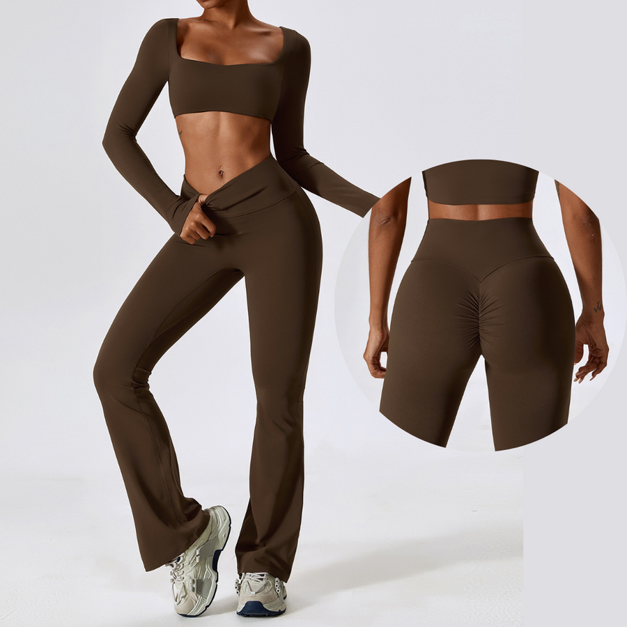 Long Sleeve Scrunch Flared Legging Set - Coffee