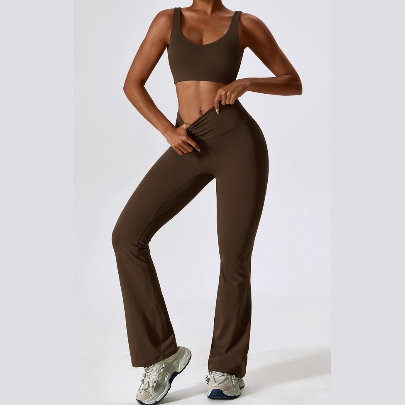 Deep V Flared Legging Set - Coffee