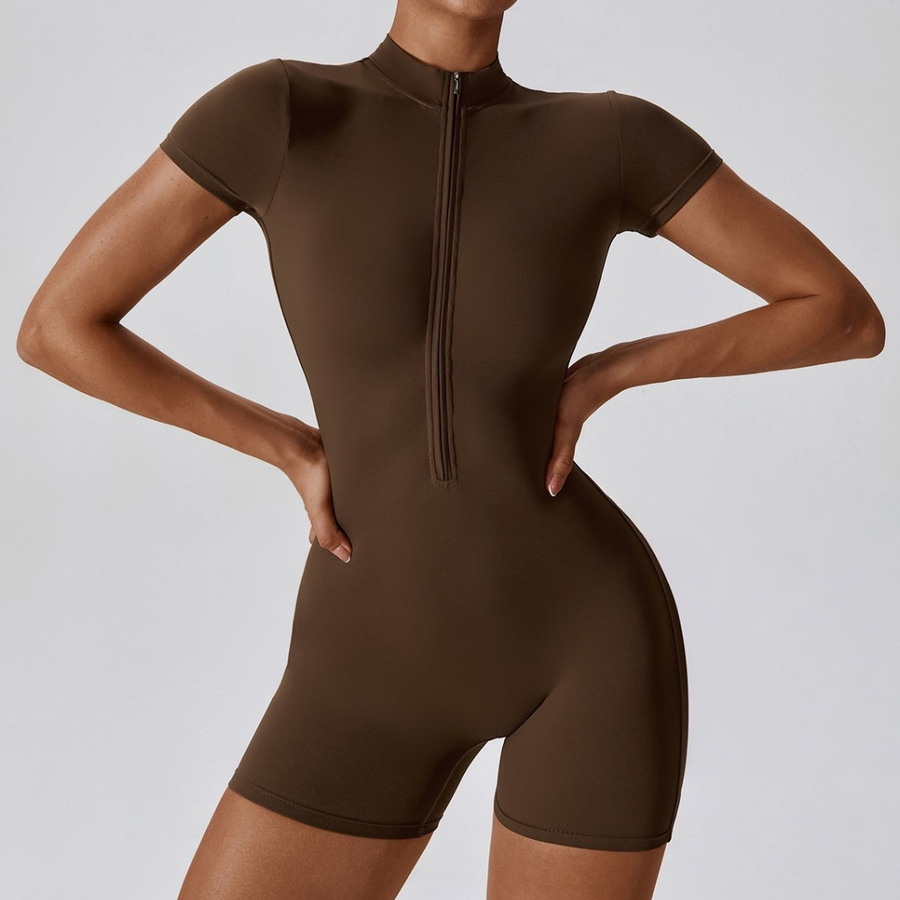 Summer Short-Sleeve Zip Romper - Dark Coffee