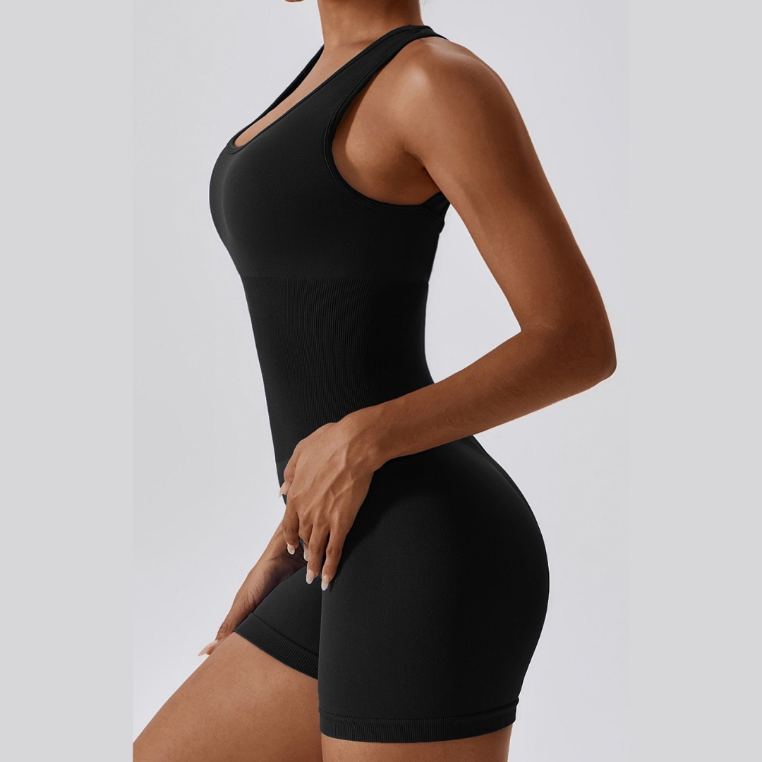 Summer Slim Waist Ribbed Romper - Black