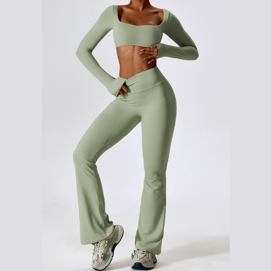 Long Sleeve Scrunch Flared Legging Set - Mint Green