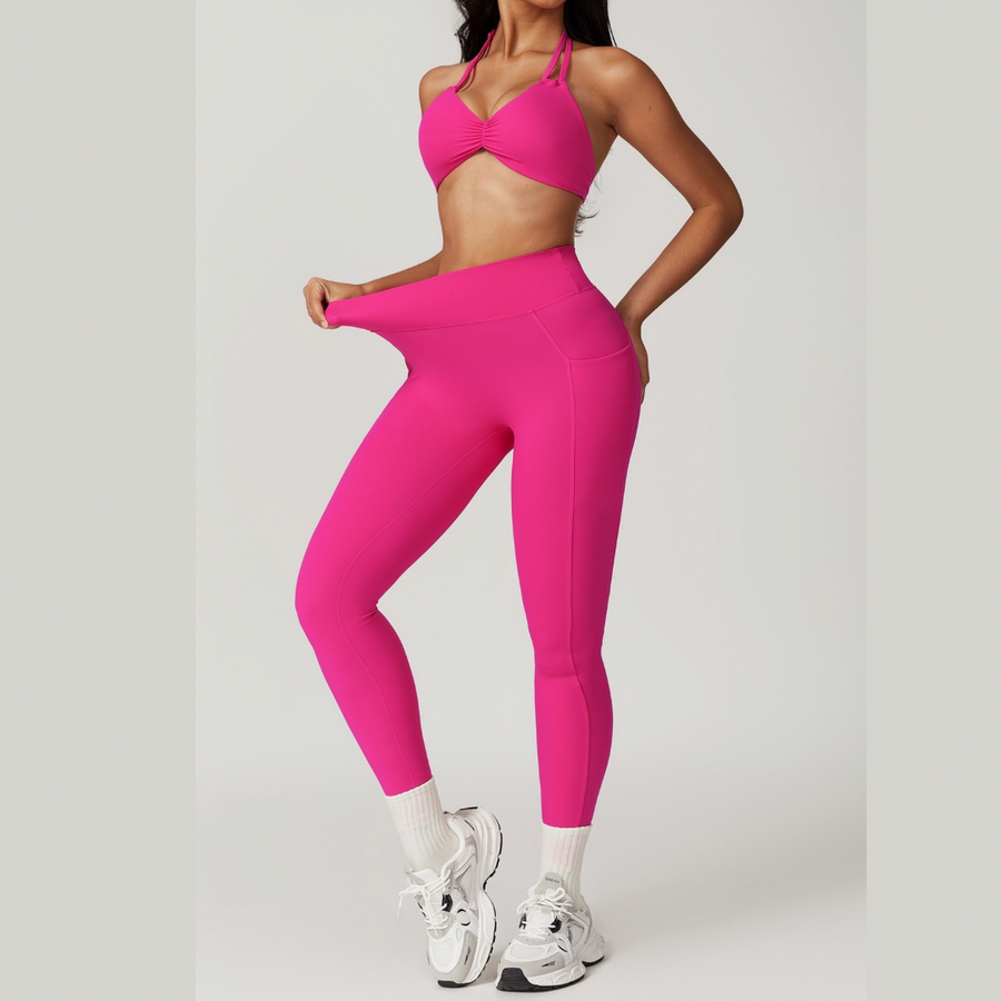 LUNA Chic Backless Top V-Shaped Legging Set- Magenta