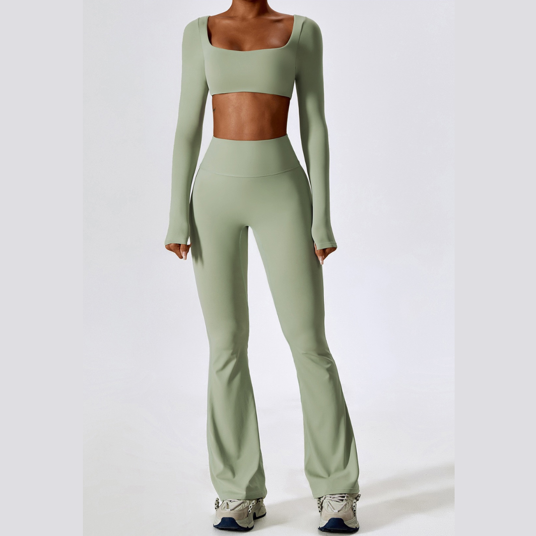 Long Sleeve Scrunch Flared Legging Set - Mint Green