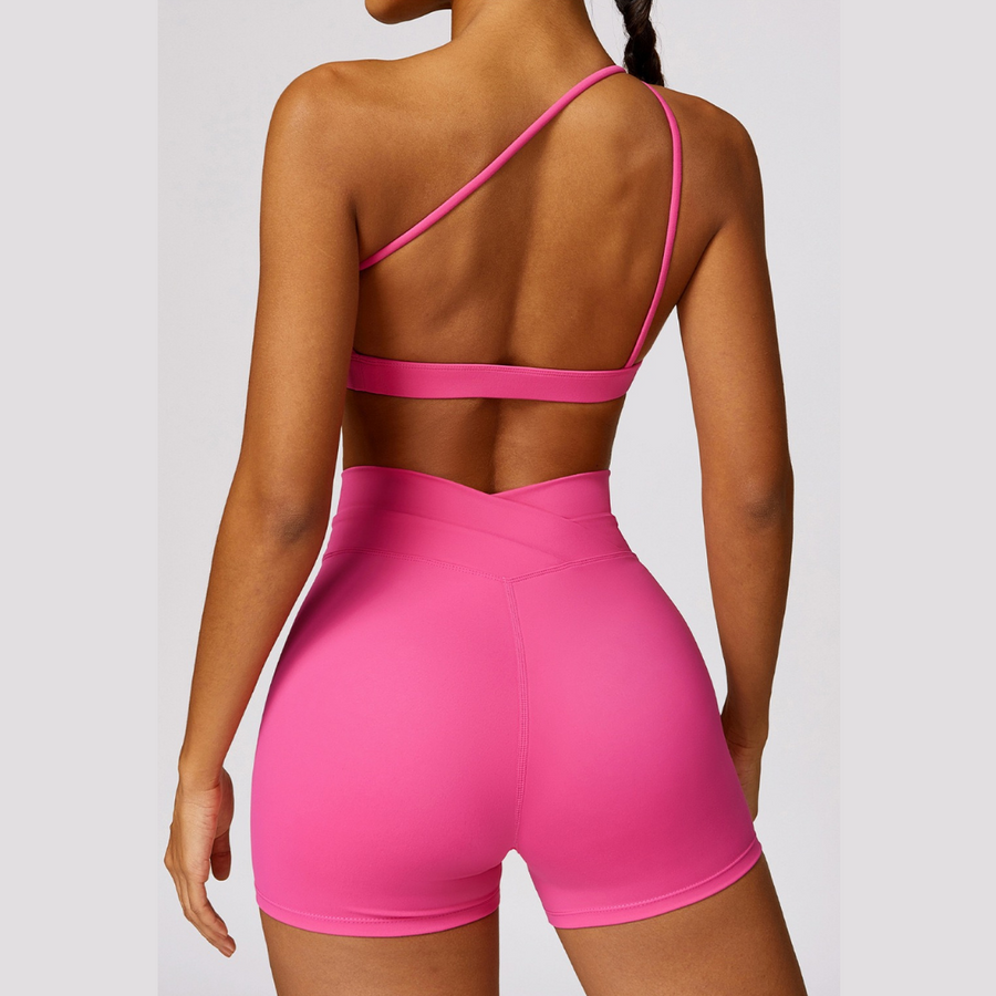 Single Shoulder Top with Short Set - Pink