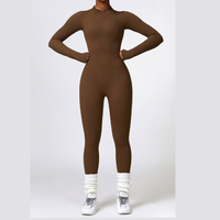 Zipped Long-sleeve Knit Jumpsuit - Coffee Brown