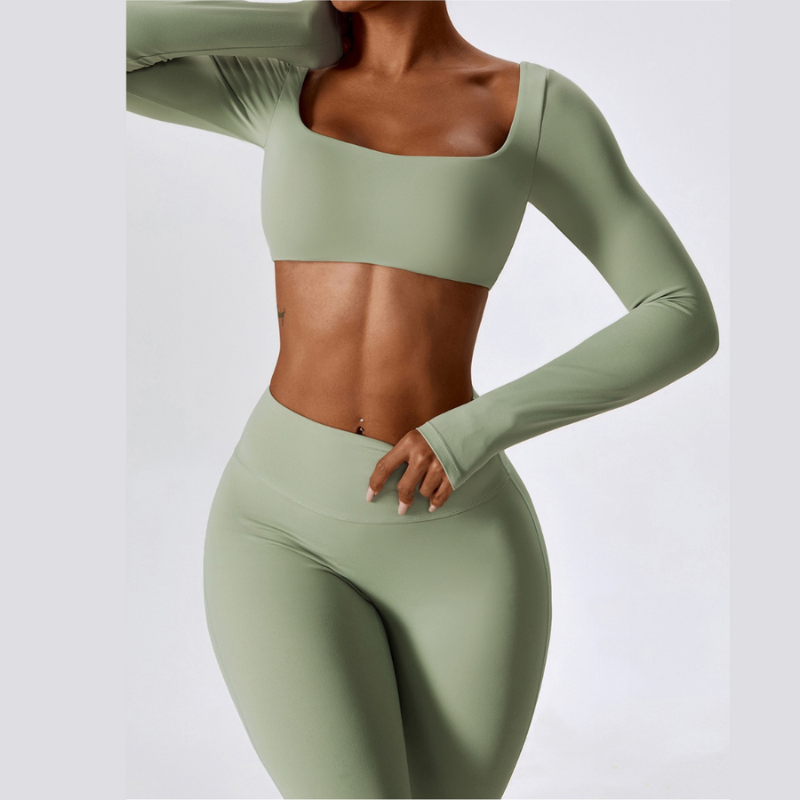 Long Sleeve Scrunch Flared Legging Set - Mint Green