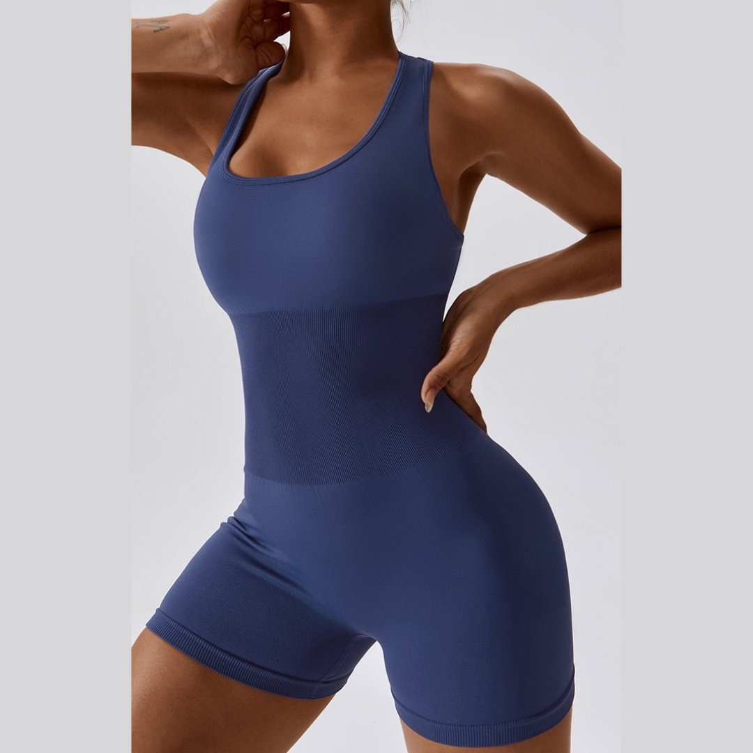 Summer Slim Waist Ribbed Romper - Dark Blue