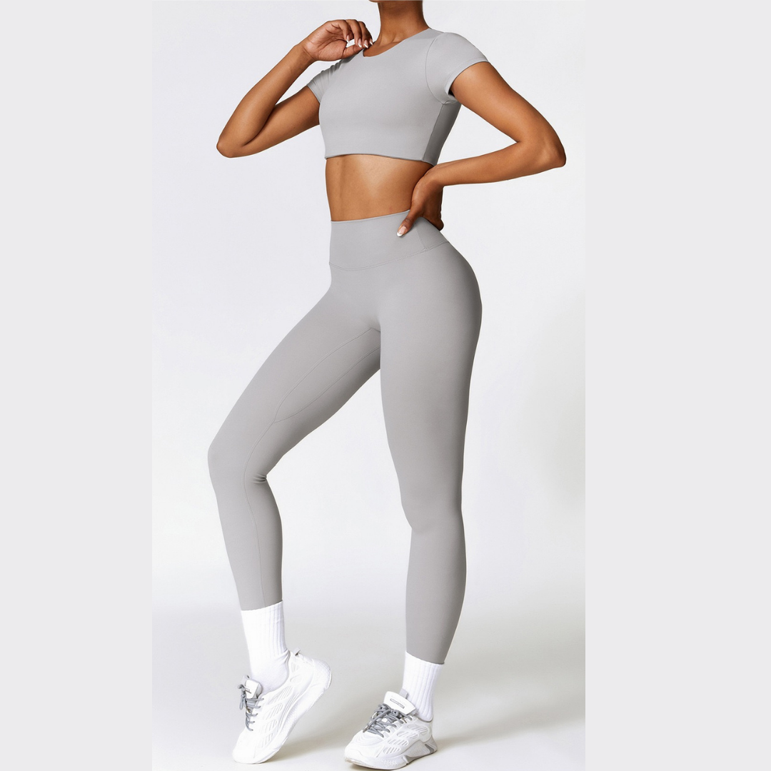 Comfy Short Sleeve Crop Top Legging Set - Grey