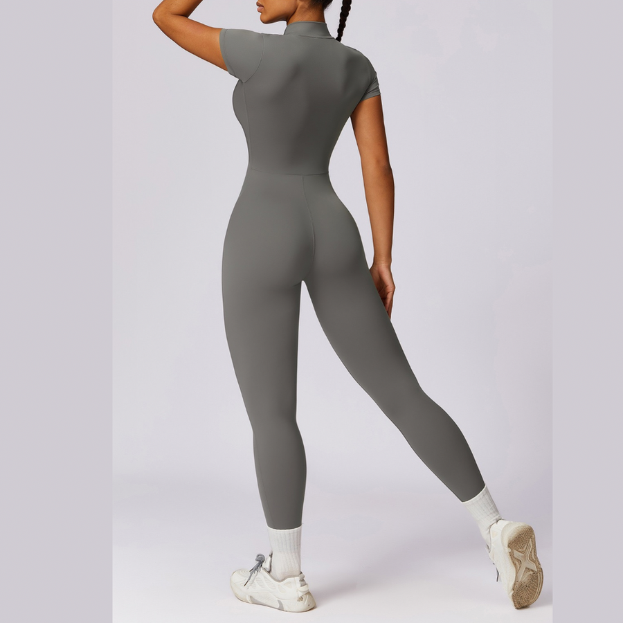 Classic Short-Sleeve Zipped Jumpsuit - Grey