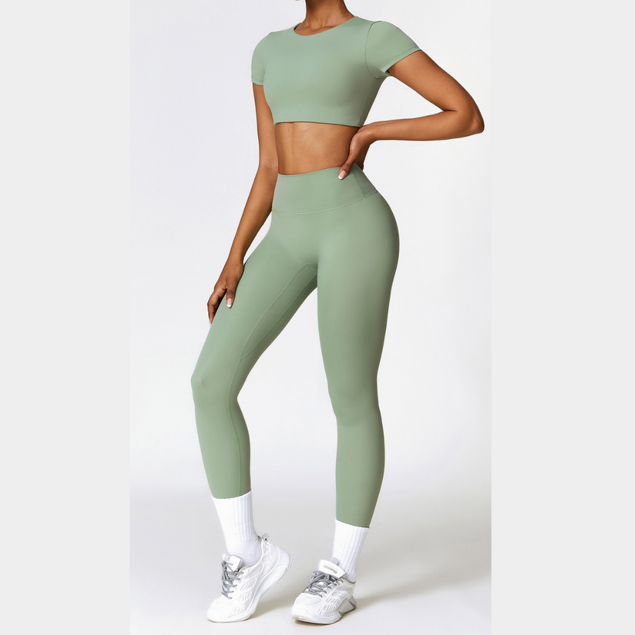 Comfy Short Sleeve Crop Top Legging Set - Green