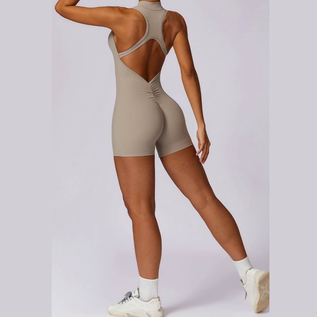 Stylish Zipper Scrunched Romper - Cement