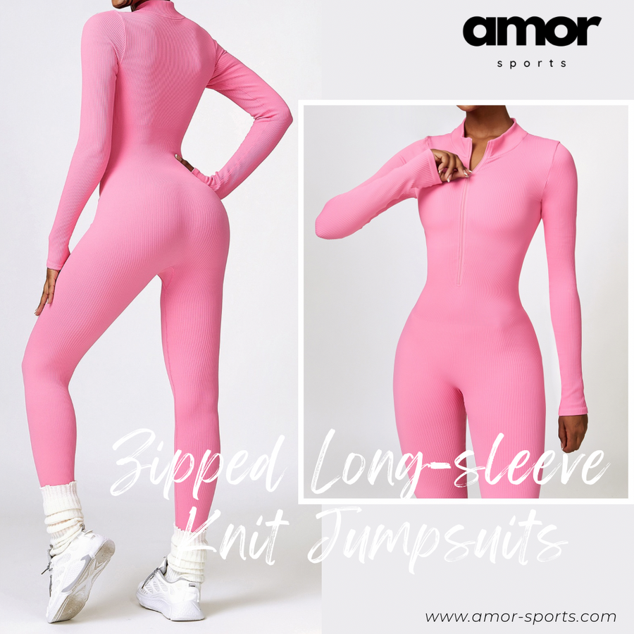 Zipped Long-sleeve Knit Jumpsuit - Pink