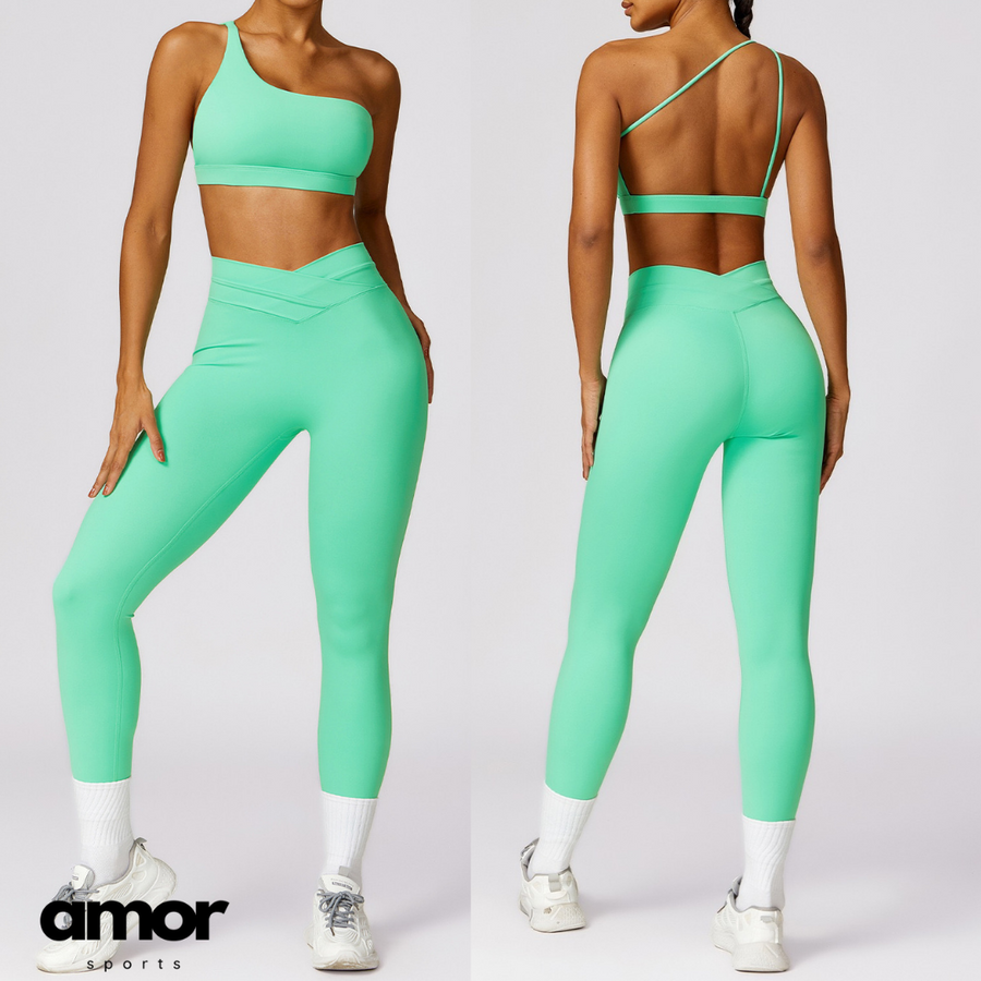 Single Shoulder Stylish Design Legging Set - Green