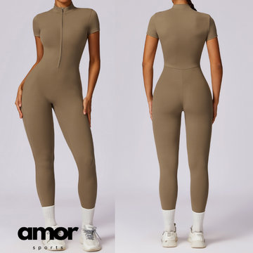 Classic Short-Sleeve Zipped Jumpsuit - Khaki