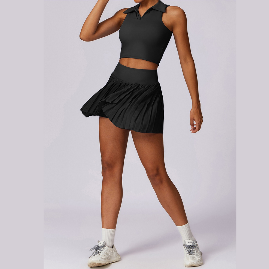 Vest Top Cute Tennis Skirt Set - Black