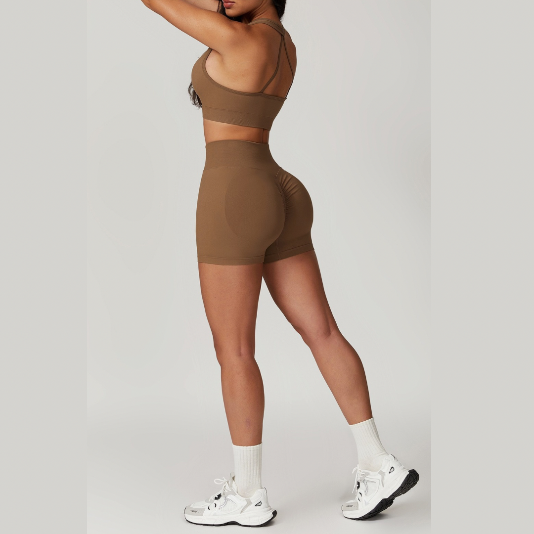 V-Neck Stylish Scrunched Short Set - Brown