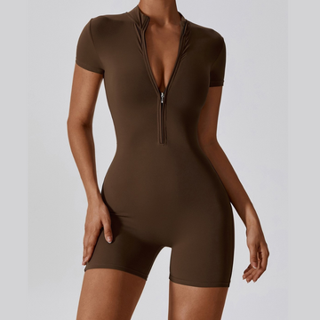 Summer Short-Sleeve Zip Romper - Dark Coffee