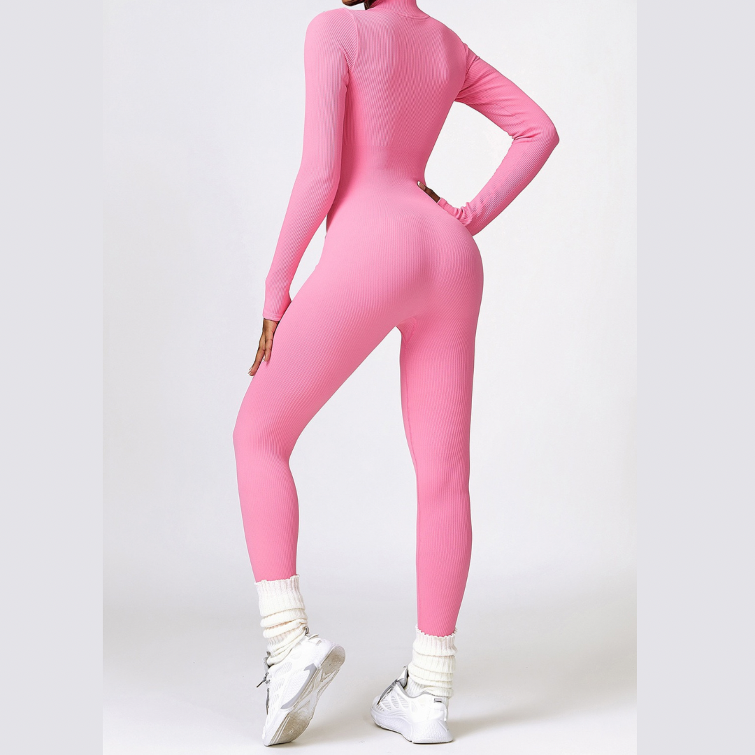 Zipped Long-sleeve Knit Jumpsuit - Pink