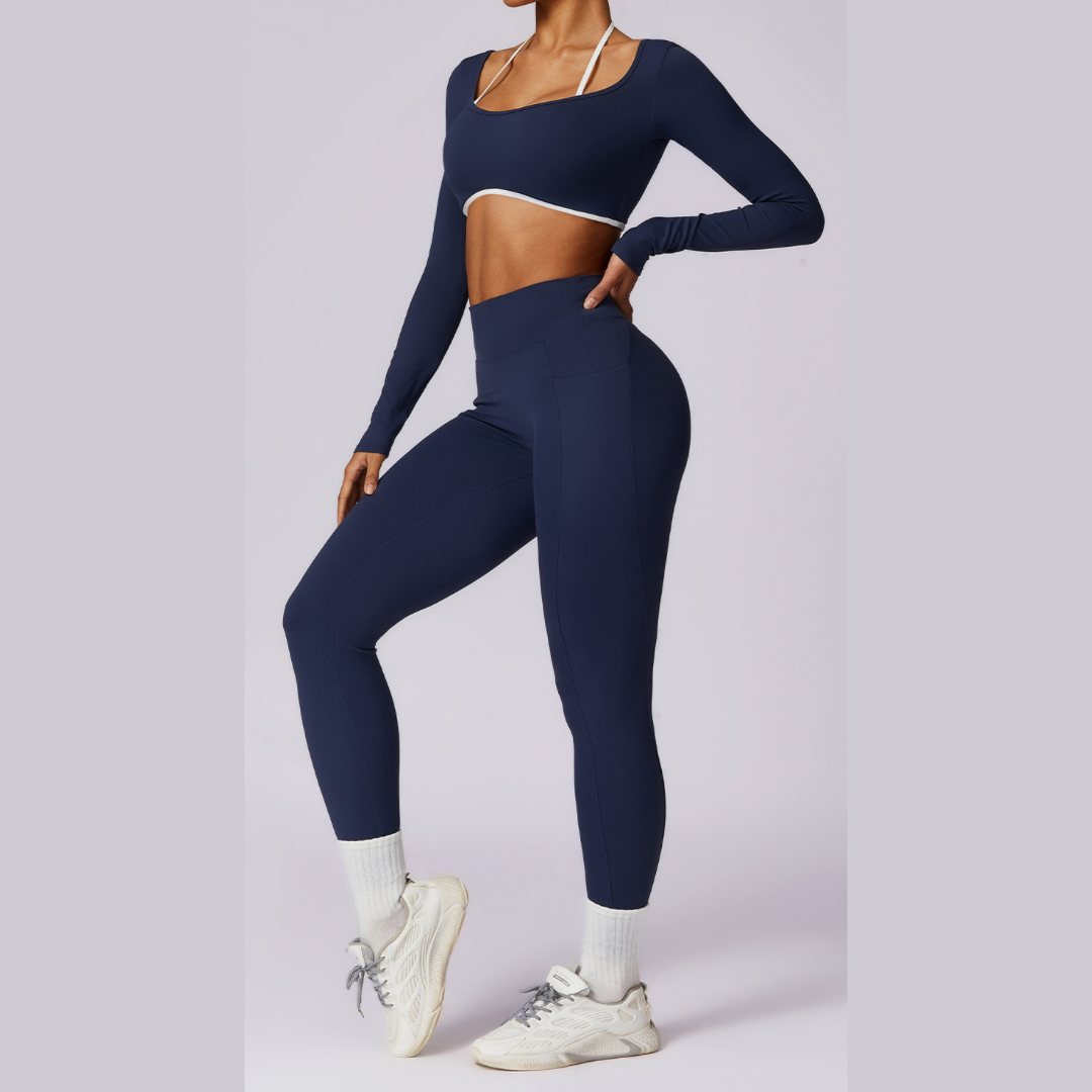 Long Sleeve Backless V-Shape Legging Set - Navy