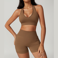 V-Neck Stylish Scrunched Short Set - Brown