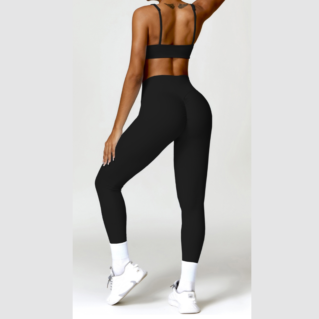 V-Top Skinny Scrunched Legging Set - Black