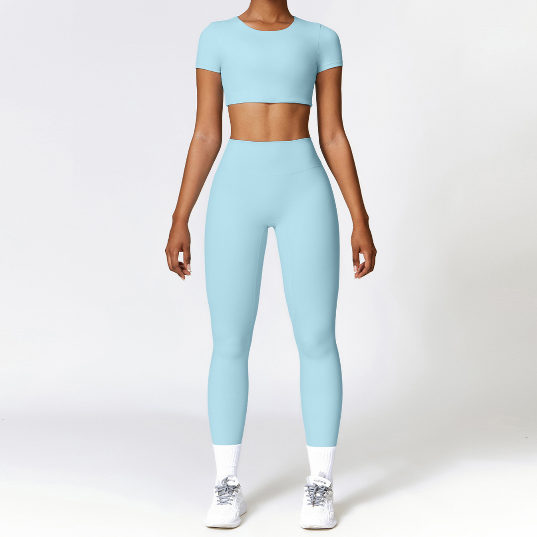 Comfy Short Sleeve Crop Top Legging Set - Sky Blue