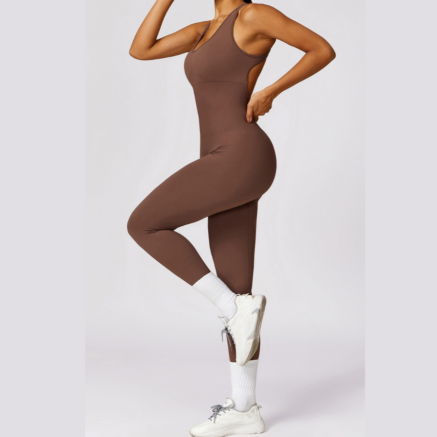 Seamless Cross Back Stylish Jumpsuit - Coffee