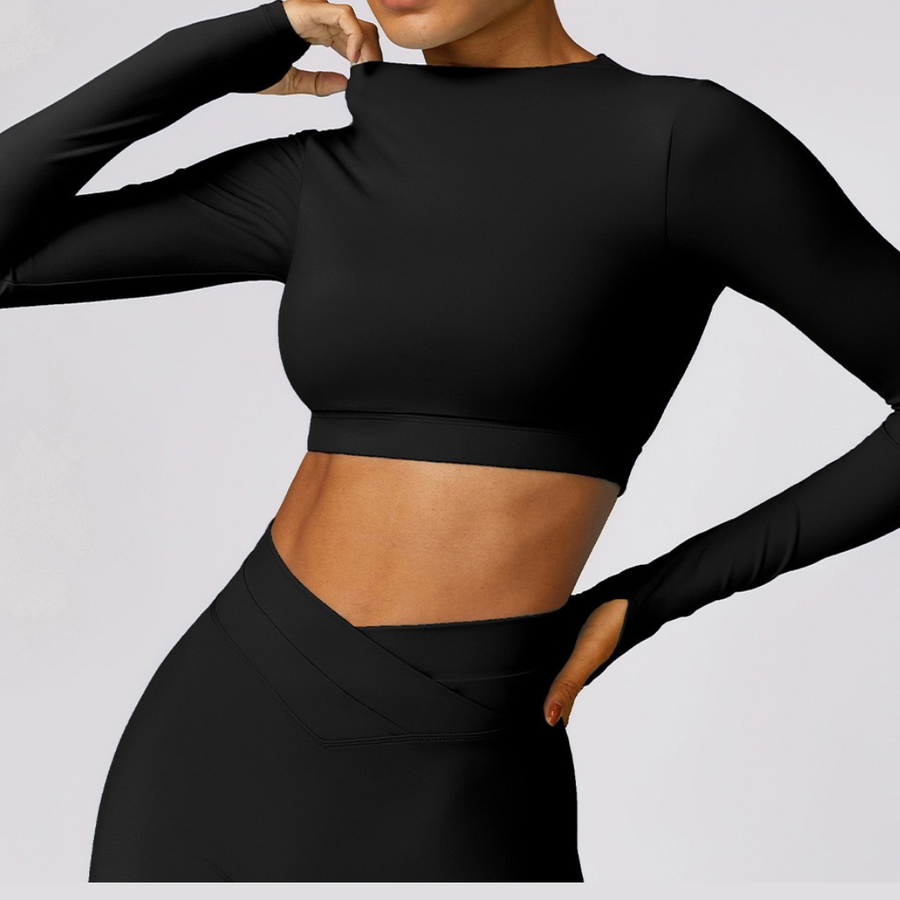 Elegant Long Sleeve Premium Crop Top - Black