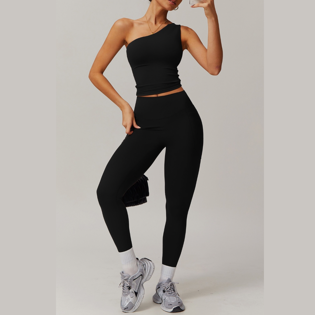 NANA Single Shoulder Top Legging Set - Black