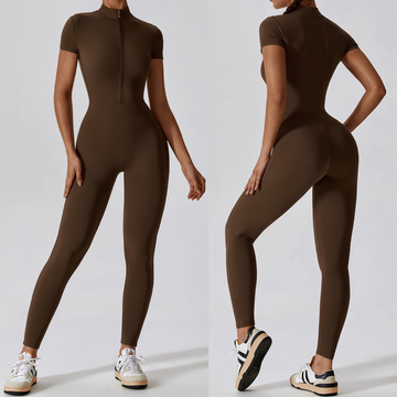 Classic Short-Sleeve Zipped Jumpsuit - Coffee