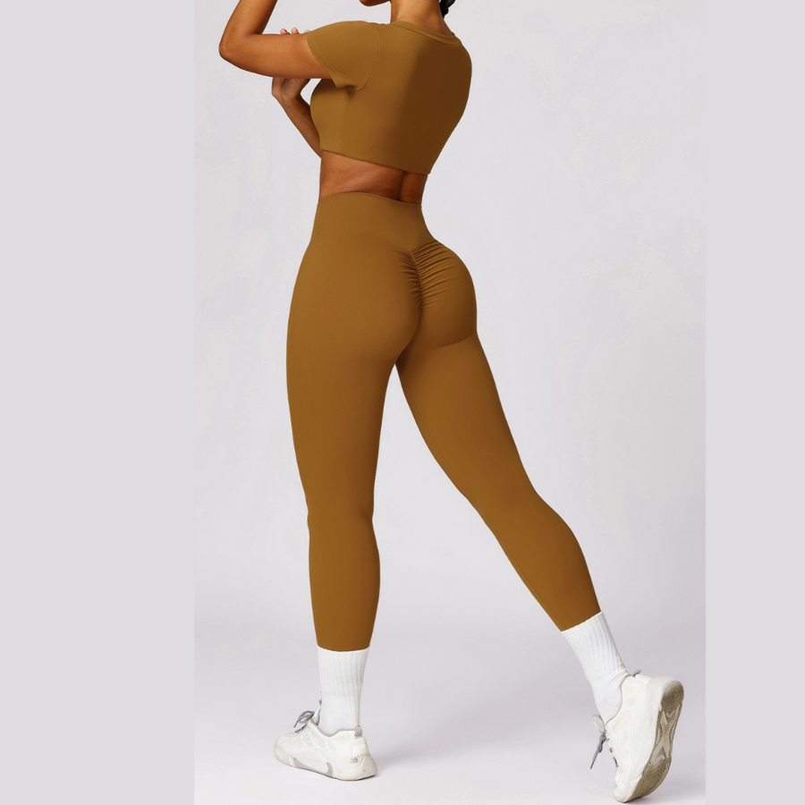 Short Sleeve Premium Scrunched Legging Set - Caramel