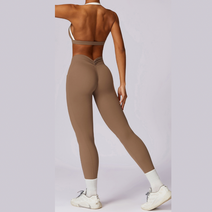 White Strap Backless V-Shape Legging Set - Almond