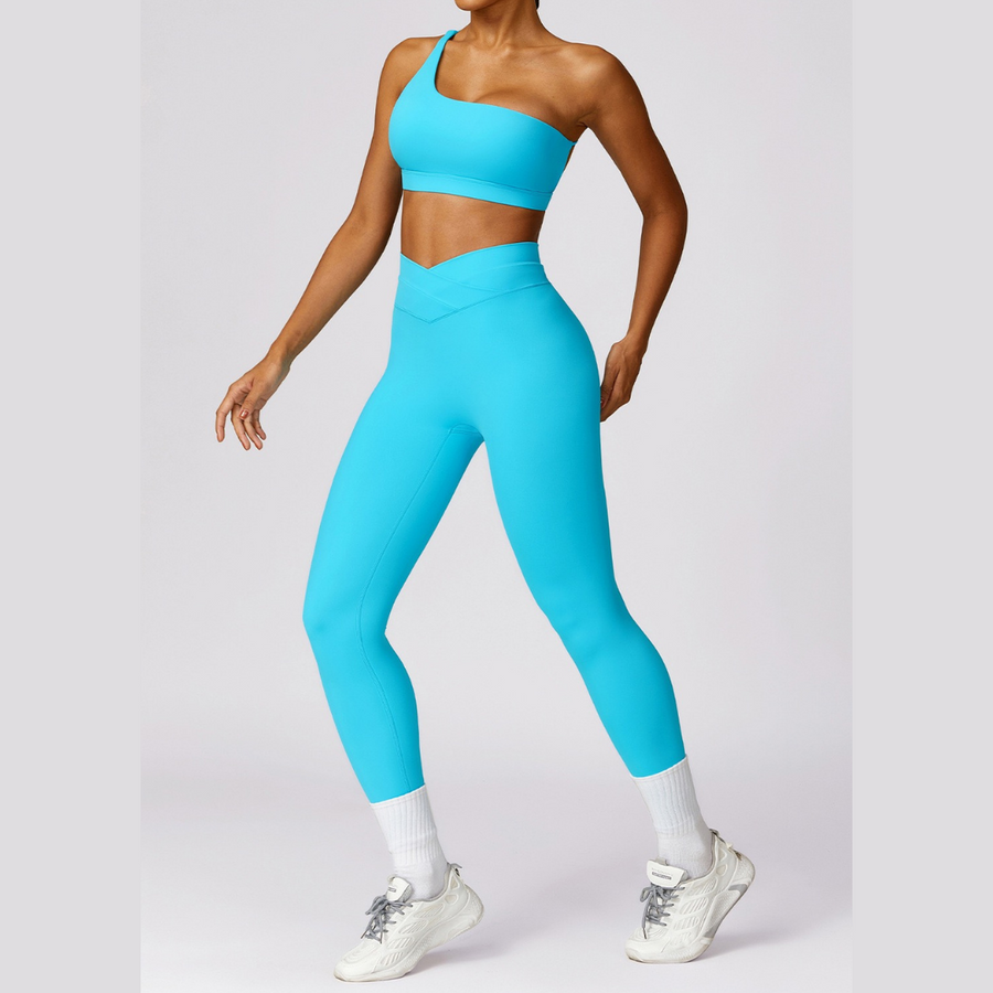 Single Shoulder Stylish Design Legging Set - Blue