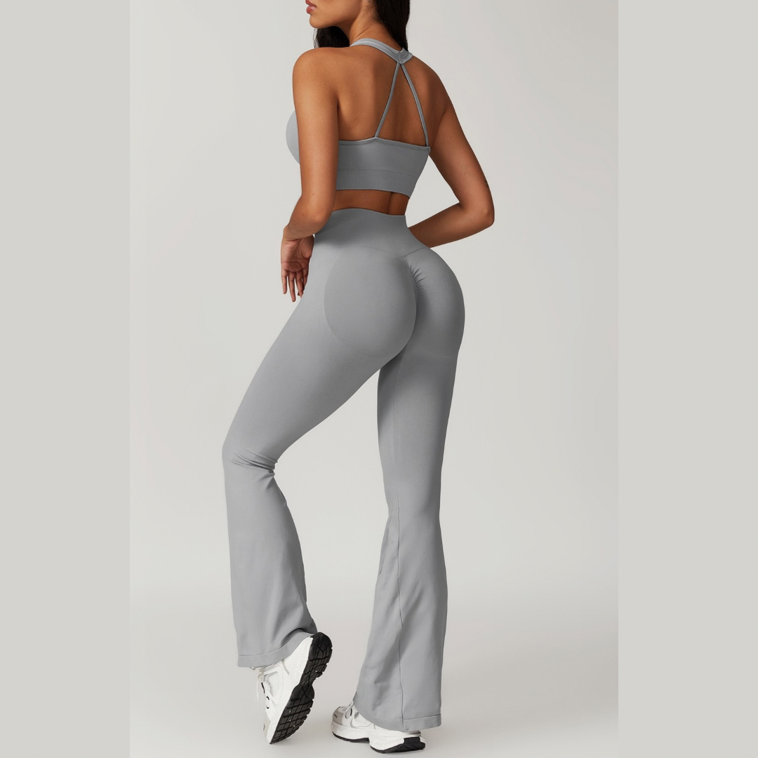 V-Neck Stylish Scrunched Flared Legging Set - Grey