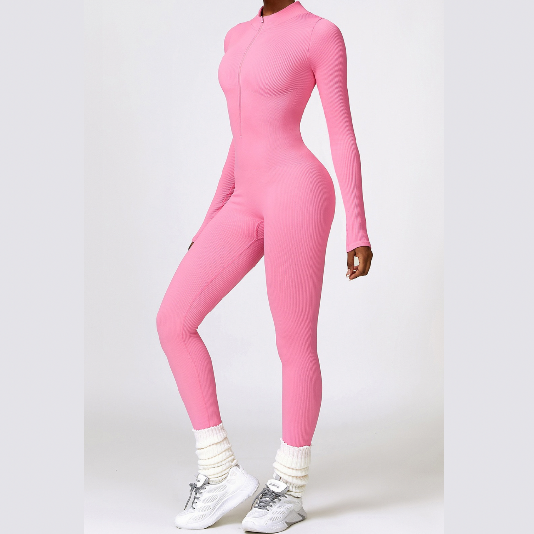 Zipped Long-sleeve Knit Jumpsuit - Pink